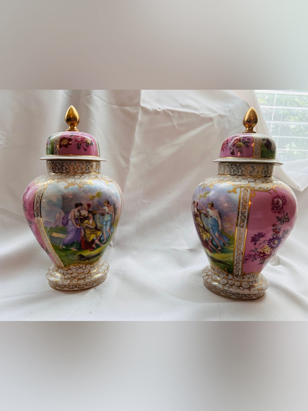 Vintage German Kalk-Style Gilt Porcelain Covered Urns — Pair